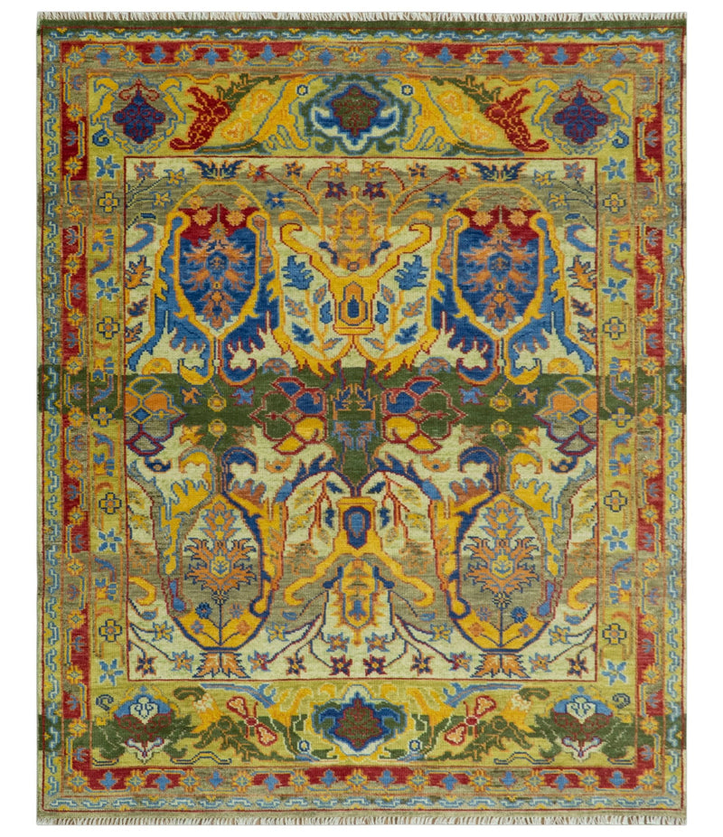 Gold, Blue And Green Transitional Hand Knotted 8x10 wool area rug - The Rug Decor