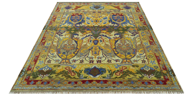 Gold, Blue And Green Transitional Hand Knotted 8x10 wool area rug - The Rug Decor