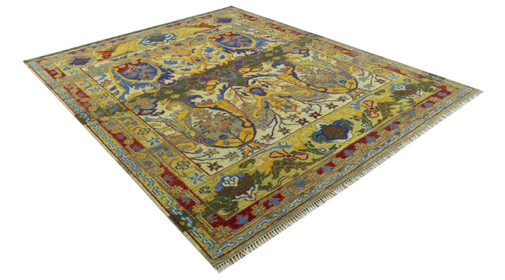 Gold, Blue And Green Transitional Hand Knotted Custom Made wool area rug - The Rug Decor