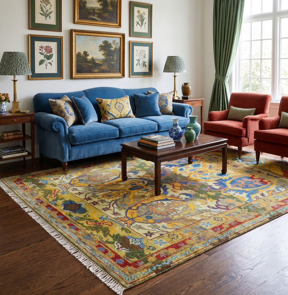Gold, Blue And Green Transitional Hand Knotted Custom Made wool area rug - The Rug Decor