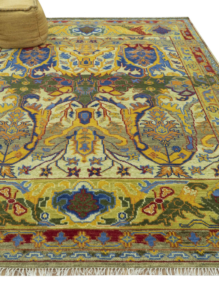 Gold, Blue And Green Transitional Hand Knotted Custom Made wool area rug - The Rug Decor