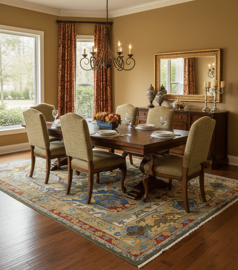 Gold, Blue And Green Transitional Hand Knotted Custom Made wool area rug - The Rug Decor