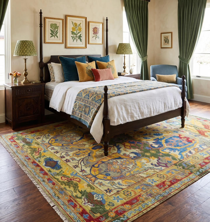 Gold, Blue And Green Transitional Hand Knotted Custom Made wool area rug - The Rug Decor