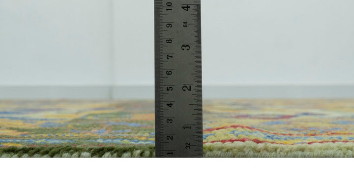 Gold, Blue And Green Transitional Hand Knotted Custom Made wool area rug - The Rug Decor