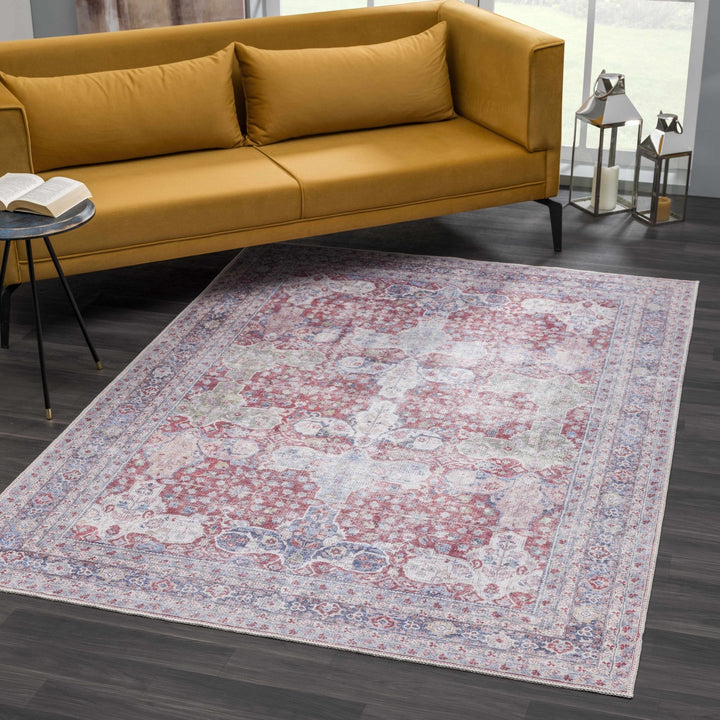 Goma Traditional Style Red And Blue Washable Area Rug - The Rug Decor