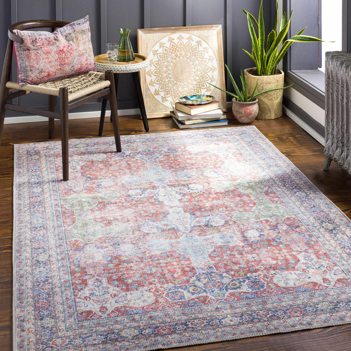 Goma Traditional Style Red And Blue Washable Area Rug - The Rug Decor
