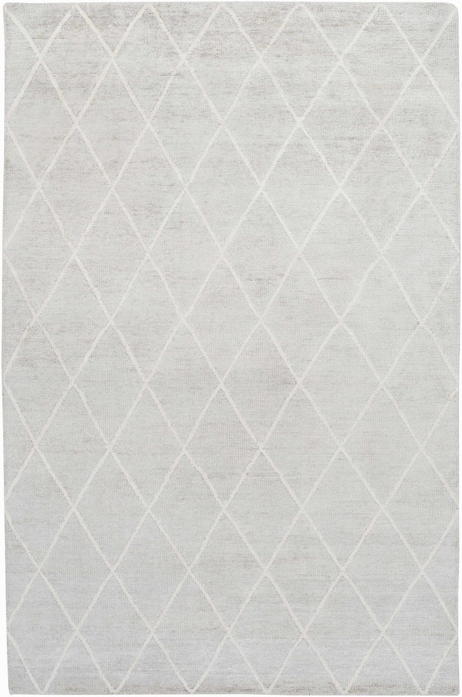 Light gray wool area rug with repeating white diamond lattice pattern