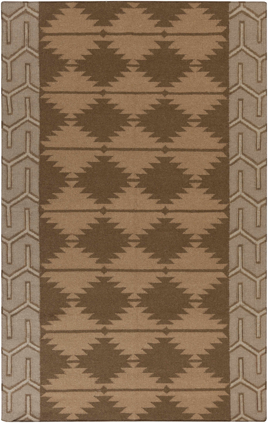 Brown and tan hand-woven wool area rug with geometric arrow pattern