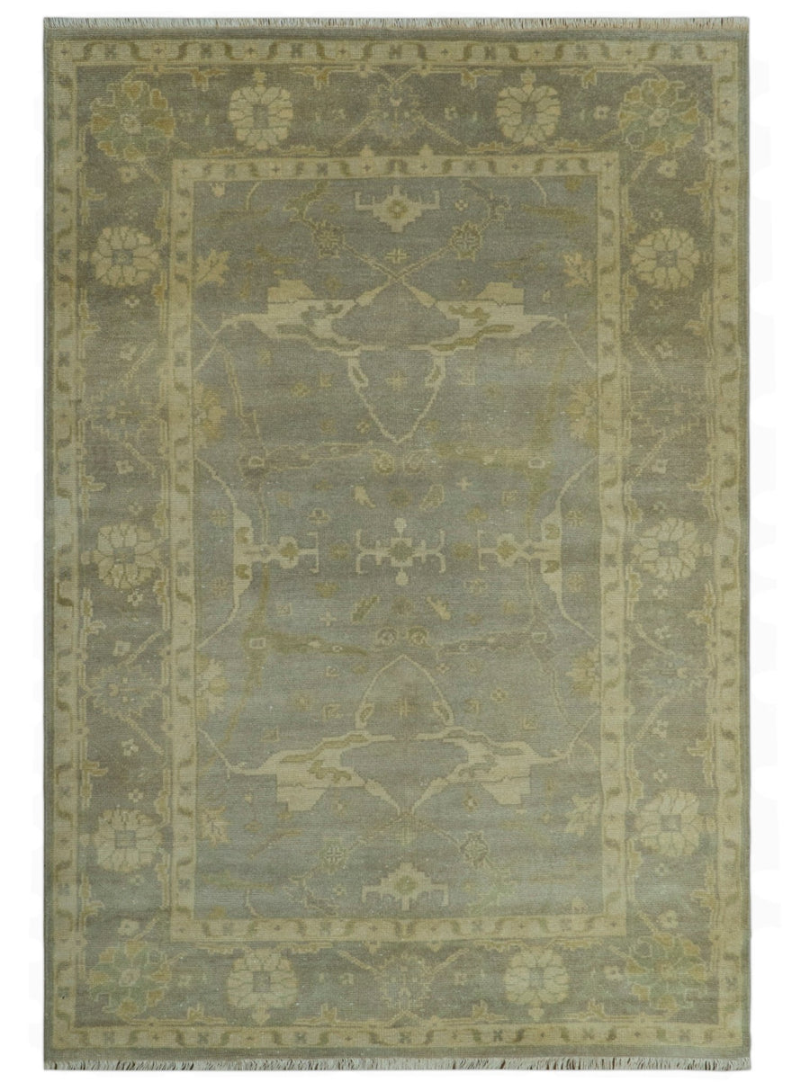 Gray And Beige Traditional Oushak Design Hand Knotted 5.6x8.6 wool area rug - The Rug Decor