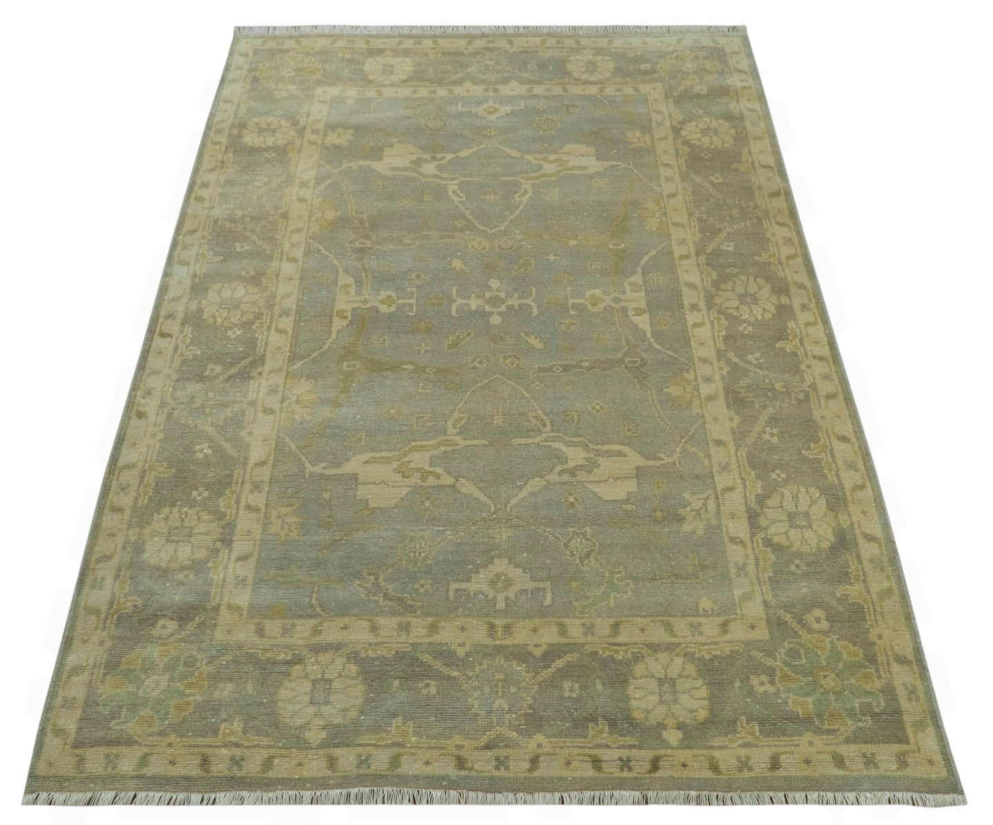 Gray And Beige Traditional Oushak Design Hand Knotted 5.6x8.6 wool area rug - The Rug Decor