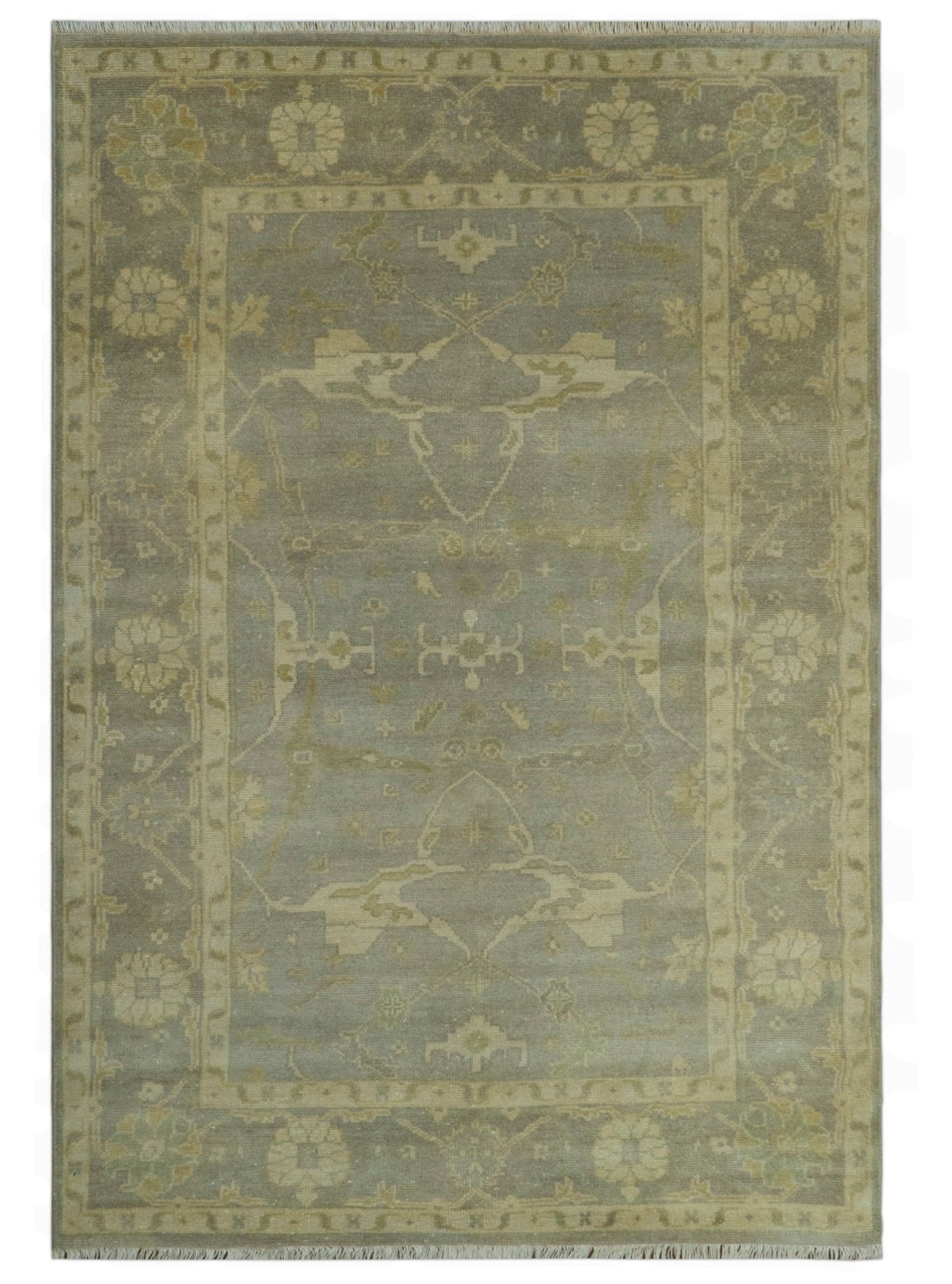 Gray And Beige Traditional Oushak Design Hand Knotted 5.6x8.6 wool area rug - The Rug Decor