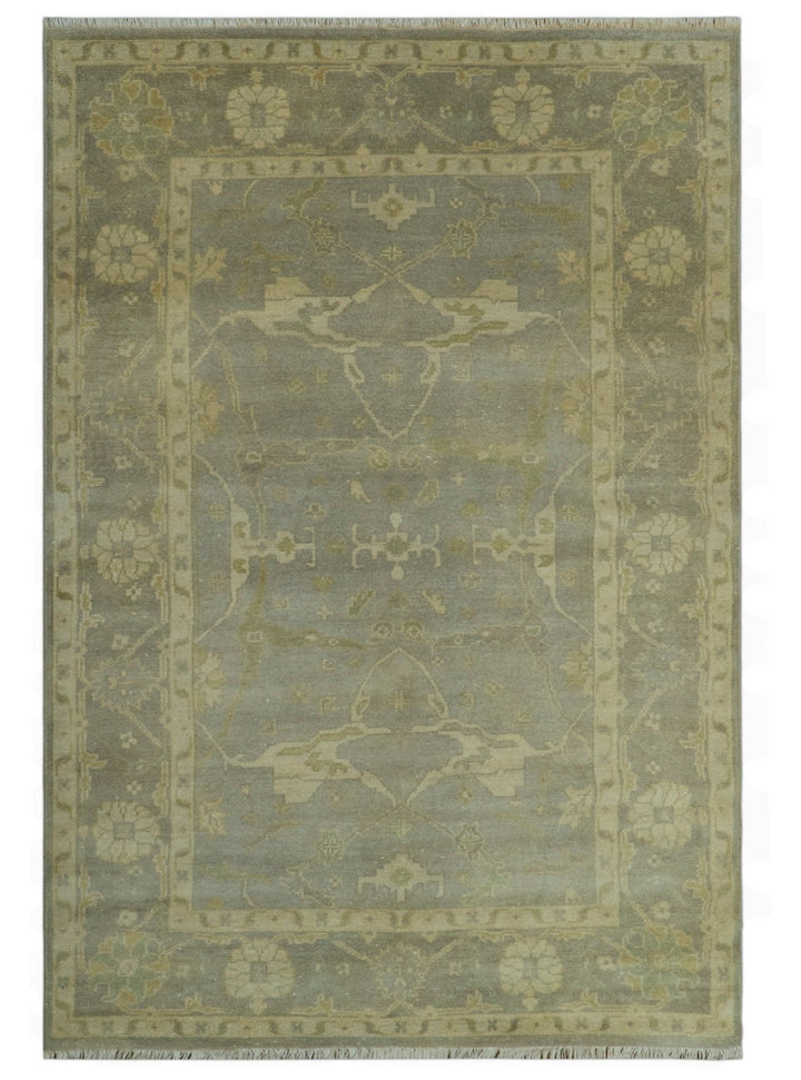 Gray And Beige Traditional Oushak Design Hand Knotted 5.6x8.6 wool area rug - The Rug Decor