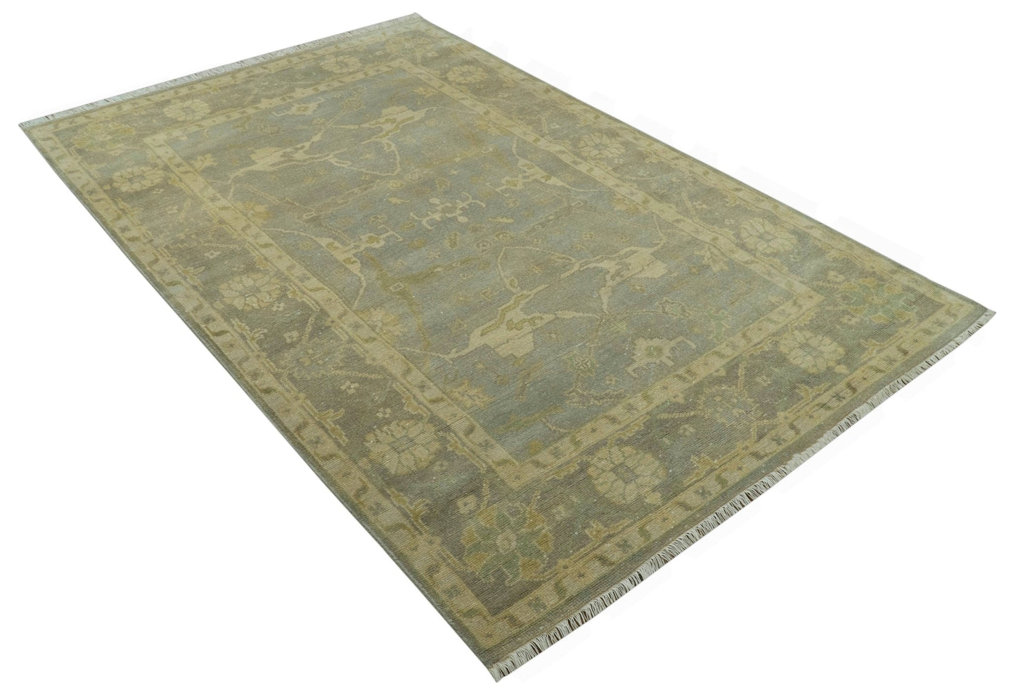 Gray And Beige Traditional Oushak Design Hand Knotted 5.6x8.6 wool area rug - The Rug Decor