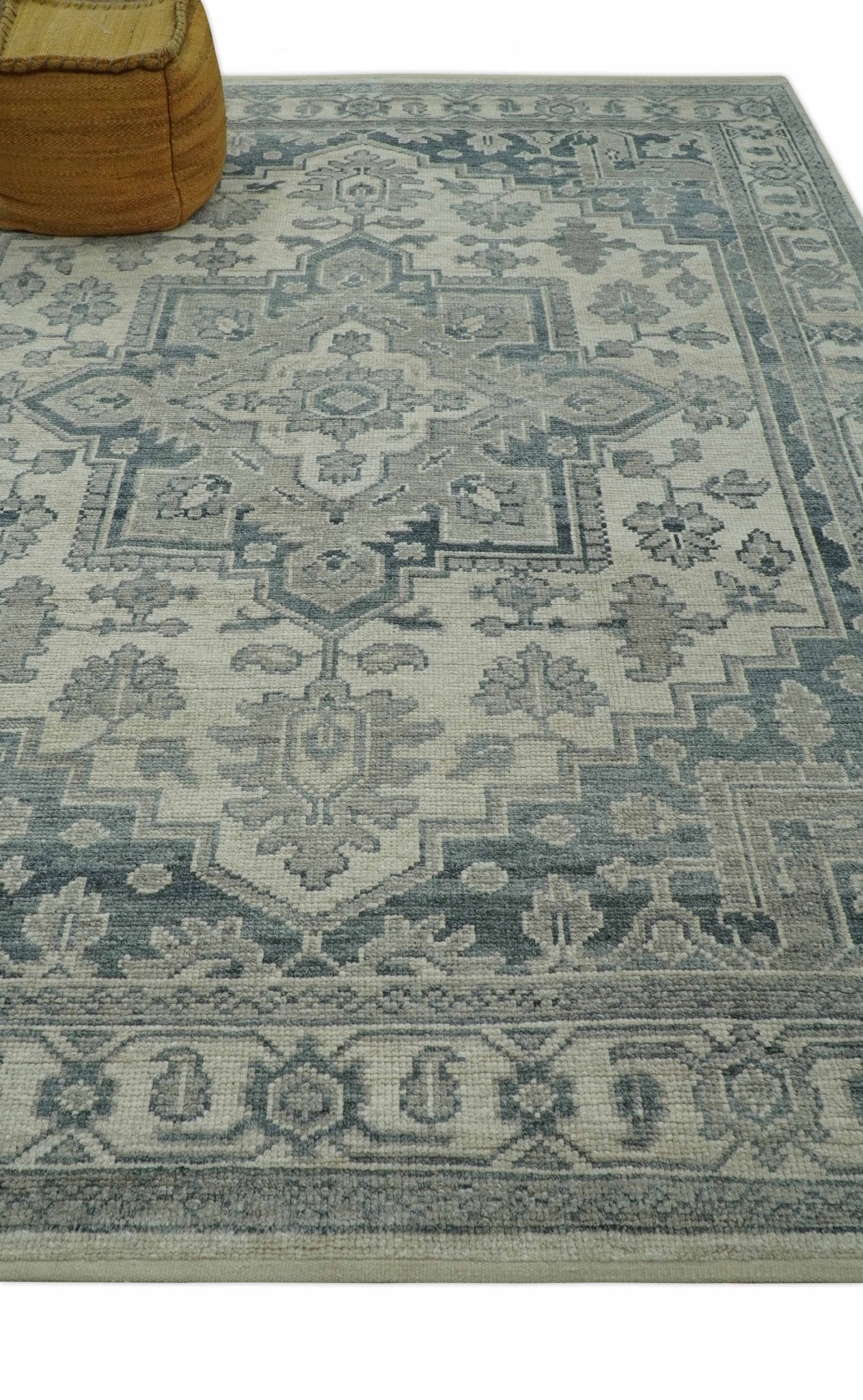 Gray And Beige Turkish Design Hand Knotted Custom Made Wool And Linen Rug - The Rug Decor