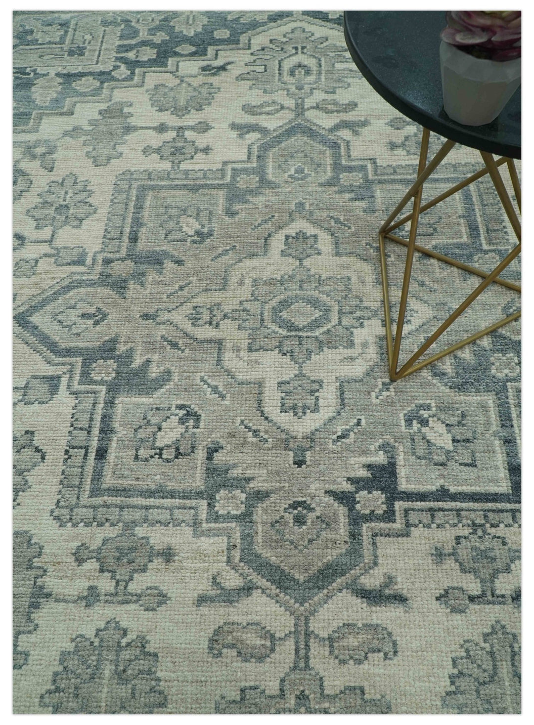 Gray And Beige Turkish Design Hand Knotted Custom Made Wool And Linen Rug - The Rug Decor