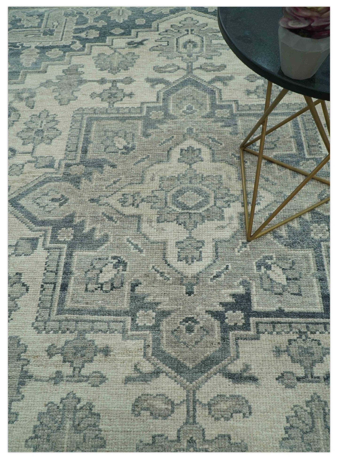 Gray And Beige Turkish Design Hand Knotted Custom Made Wool And Linen Rug - The Rug Decor