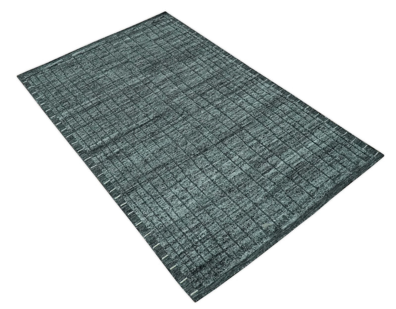 Gray and Charcoal 5x8 Hand Knotted Carved Texture Stripes Design wool Area Rug - The Rug Decor