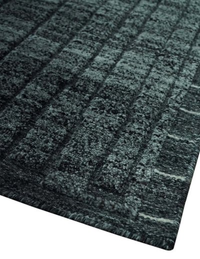 Gray and Charcoal Hand Knotted Carved Texture Stripes Design wool Area Rug - The Rug Decor