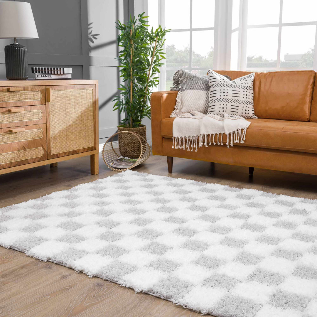 Gray and Ivory Modern Checker Board Plush Pile Moroccan style Area Rug - The Rug Decor