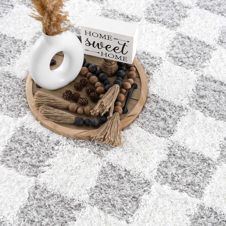 Gray and Ivory Modern Checker Board Plush Pile Moroccan style Area Rug - The Rug Decor