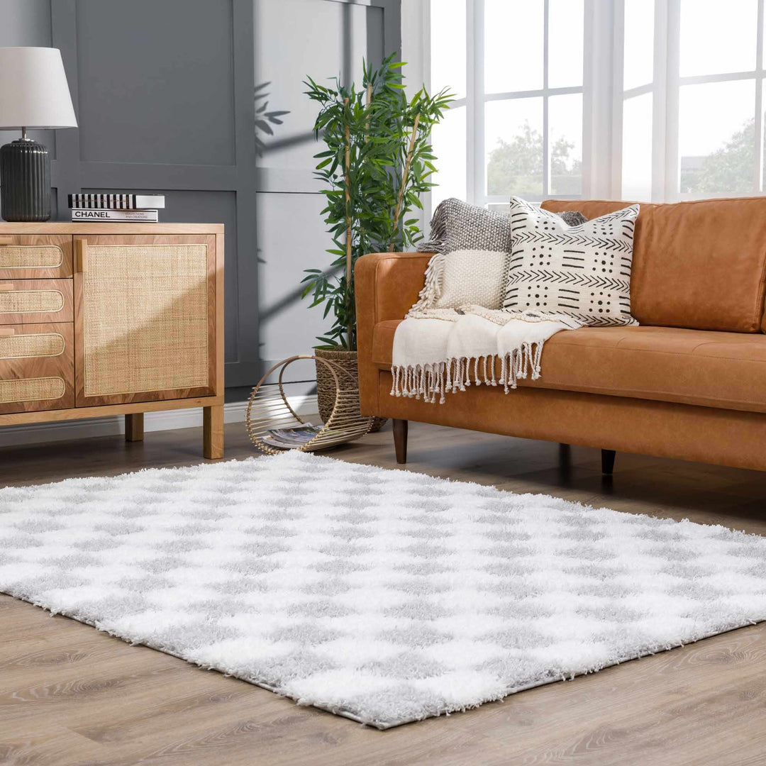 Gray and Ivory Modern Checker Board Plush Pile Moroccan style Area Rug - The Rug Decor