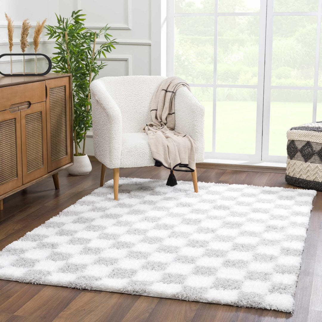 Gray and Ivory Modern Checker Board Plush Pile Moroccan style Area Rug - The Rug Decor