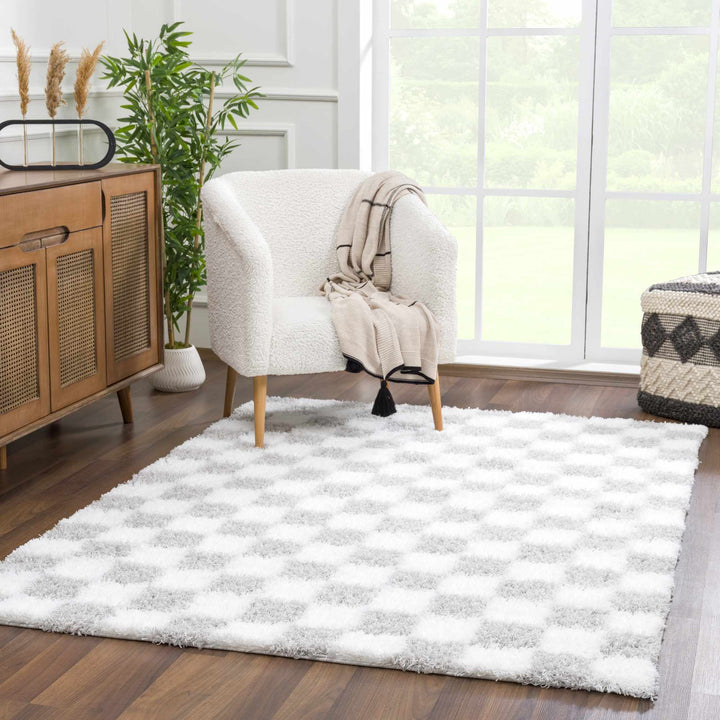 Gray and Ivory Modern Checker Board Plush Pile Moroccan style Area Rug - The Rug Decor