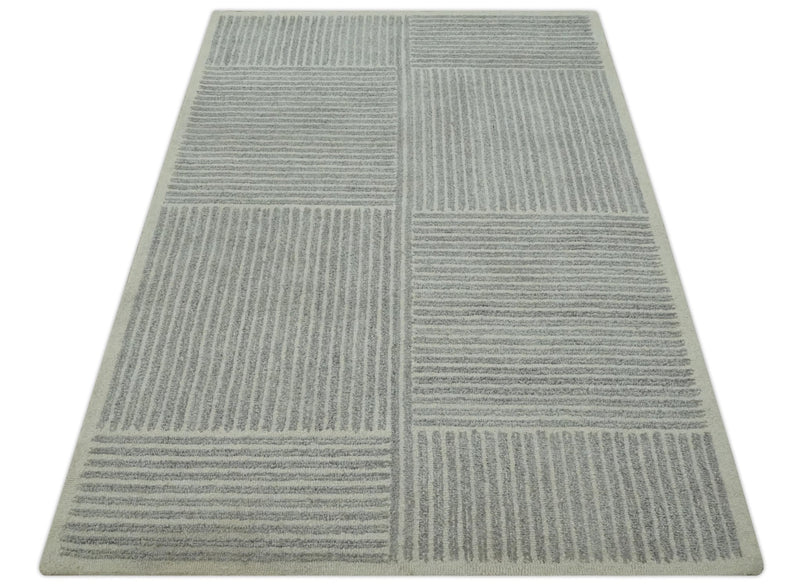 Gray and Ivory Modern Stripes Design 5x8 Hand Tufted wool area rug - The Rug Decor