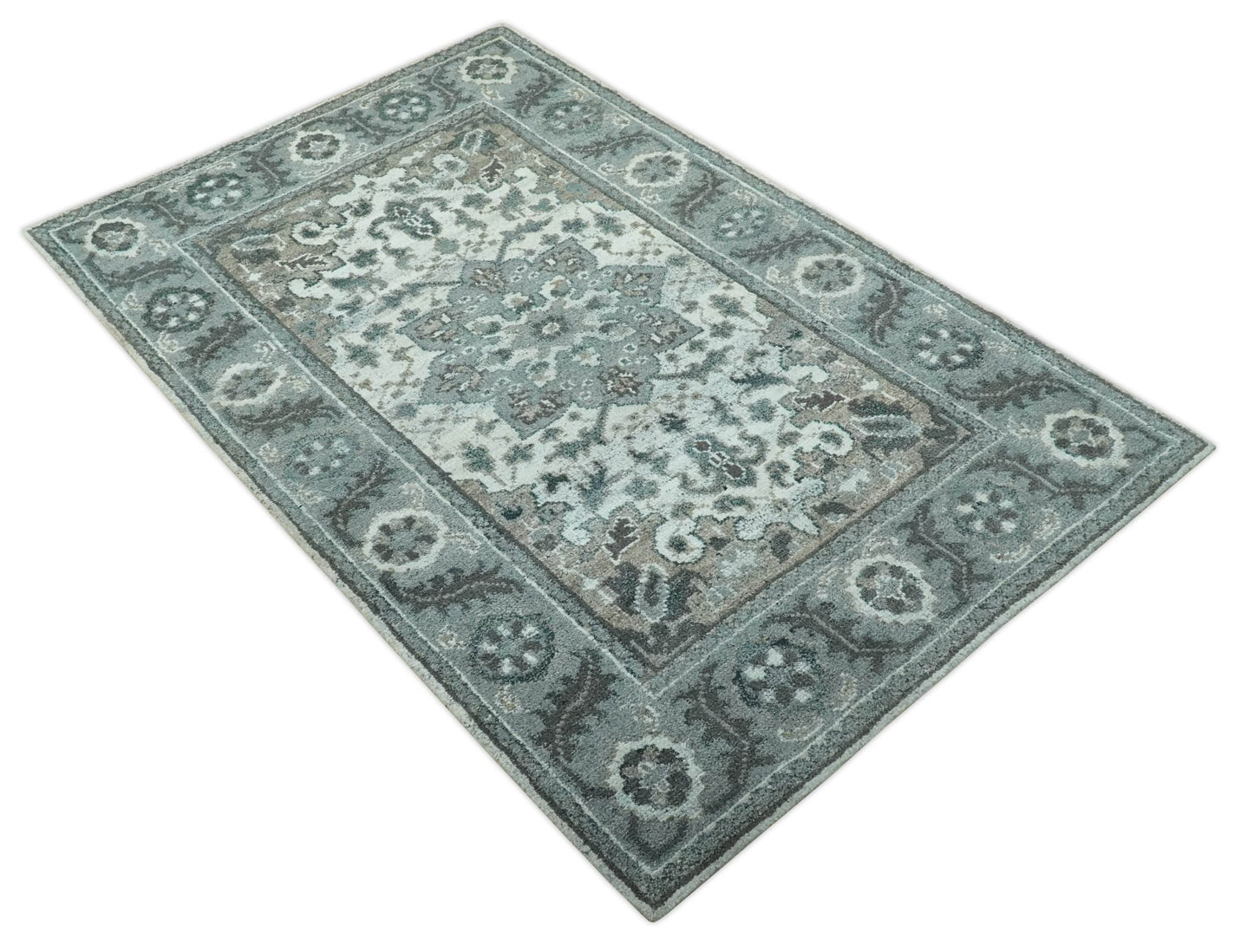 Gray and Ivory Traditional Heriz Hand Knotted 5x8 wool area rug - The Rug Decor