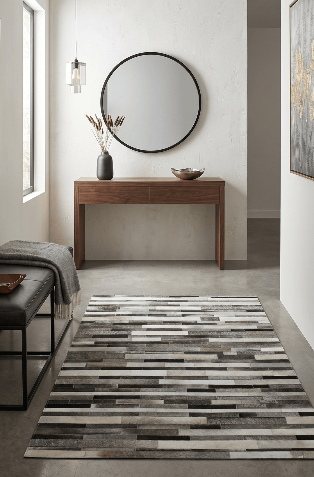 Gray and Silver Handmade 5x8 Stripe Design Leather Area Rug - The Rug Decor
