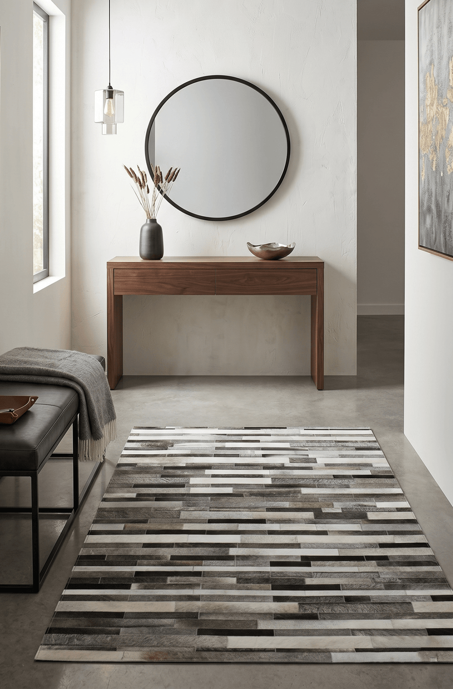Gray and Silver Handmade 5x8 Stripe Design Leather Area Rug - The Rug Decor
