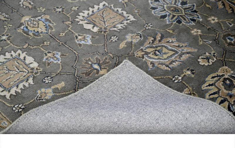 Gray, Beige and Blue Hand Tufted 5x7.6 Traditional Oushak Wool and Bamboo Silk Area Rug - The Rug Decor