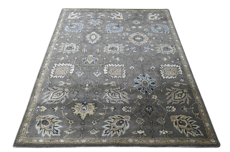 Gray, Beige and Blue Hand Tufted 5x7.6 Traditional Oushak Wool and Bamboo Silk Area Rug - The Rug Decor
