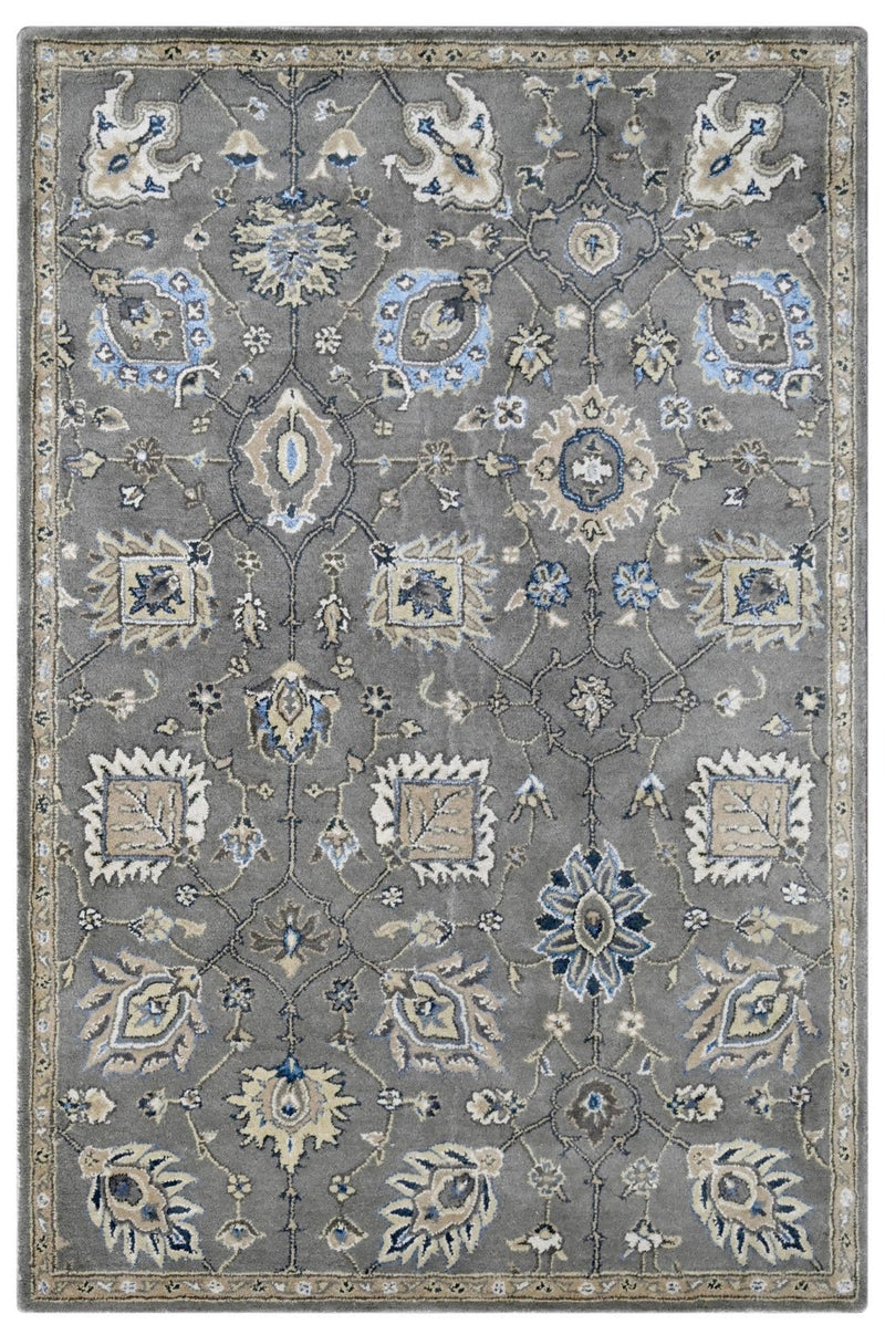 Gray, Beige and Blue Hand Tufted 5x7.6 Traditional Oushak Wool and Bamboo Silk Area Rug - The Rug Decor