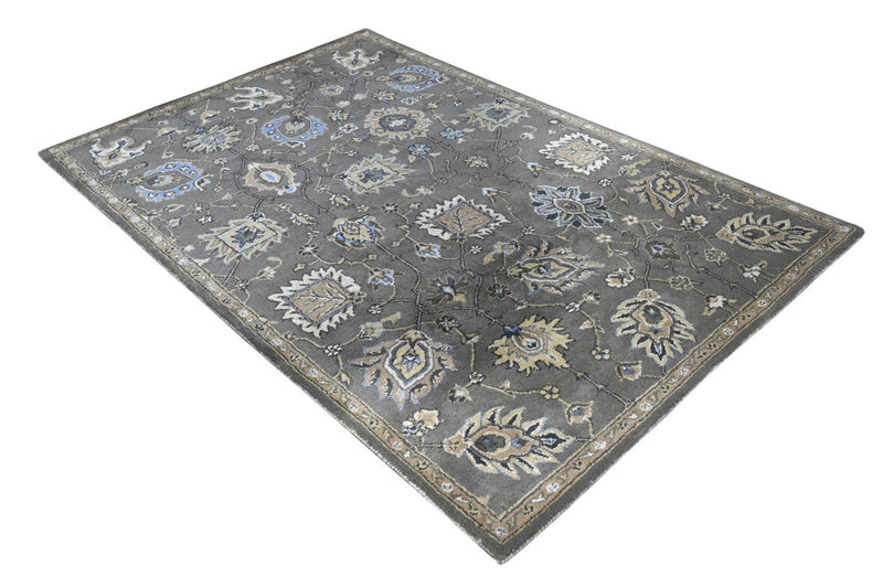 Gray, Beige and Blue Hand Tufted 5x7.6 Traditional Oushak Wool and Bamboo Silk Area Rug - The Rug Decor