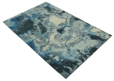 Gray, Blue and Black Modern Abstract 5x8 Hand Knotted wool area rug - The Rug Decor