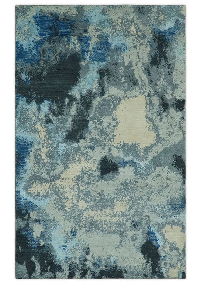 Gray, Blue and Black Modern Abstract 5x8 Hand Knotted wool area rug - The Rug Decor