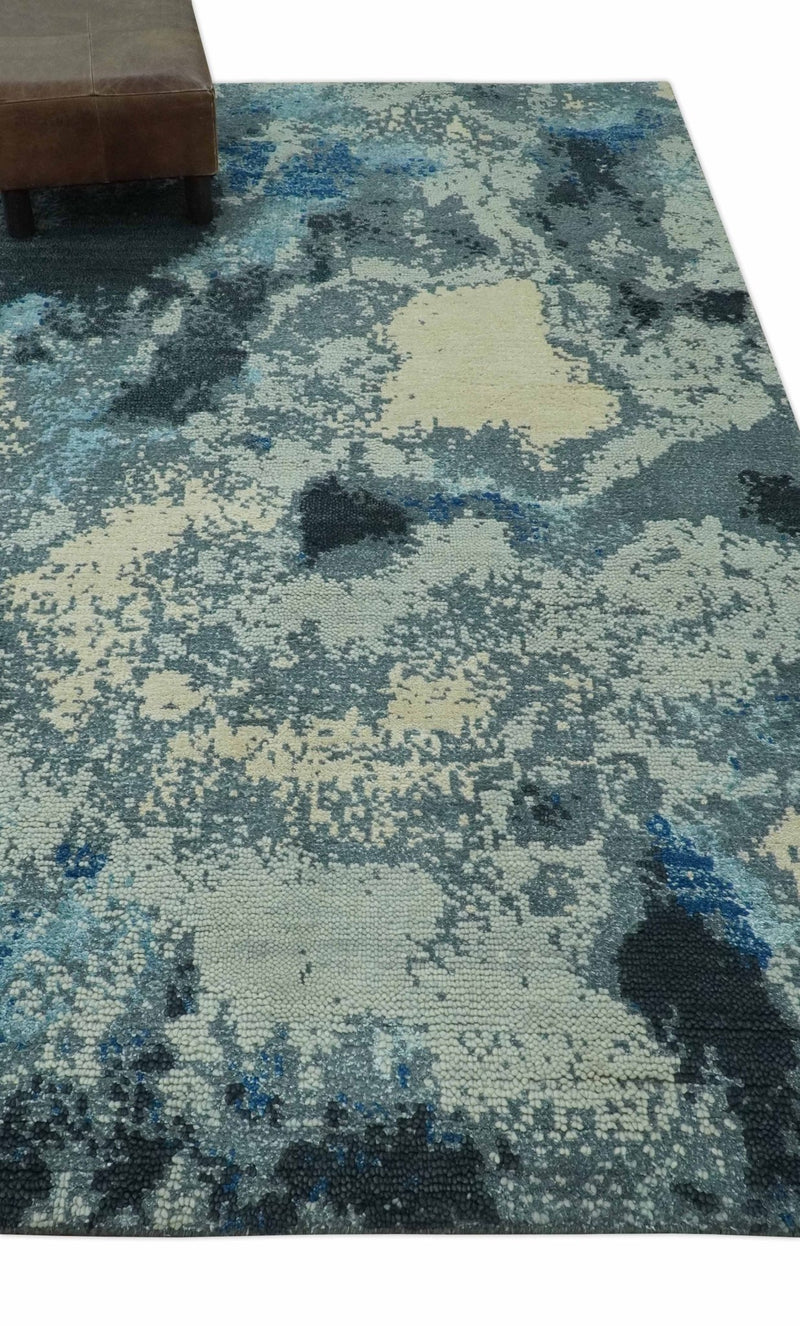 Gray, Blue and Black Modern Abstract 5x8 Hand Knotted wool area rug - The Rug Decor