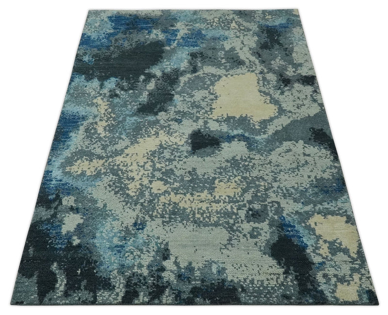 Gray, Blue and Black Modern Abstract 5x8 Hand Knotted wool area rug - The Rug Decor