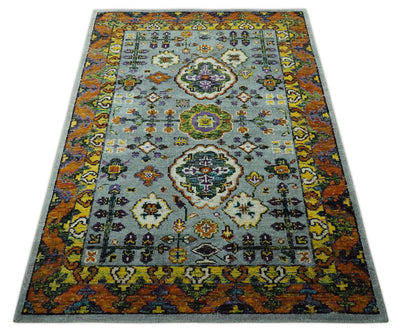 Gray, Gold and Mustard 5.6x8.6 Hand Knotted Traditional Oushak wool Area Rug - The Rug Decor