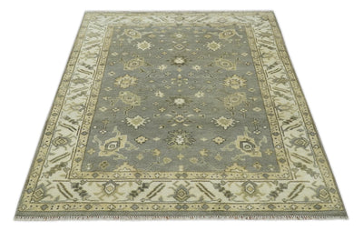 Gray, Ivory and Beige 6x8.8 Hand Knotted Traditional Oushak wool area rug - The Rug Decor