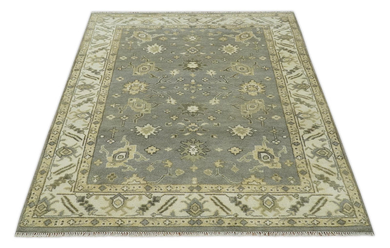 Gray, Ivory and Beige 6x8.8 Hand Knotted Traditional Oushak wool area rug - The Rug Decor