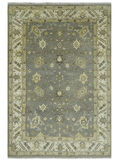 Gray, Ivory and Beige 6x8.8 Hand Knotted Traditional Oushak wool area rug - The Rug Decor