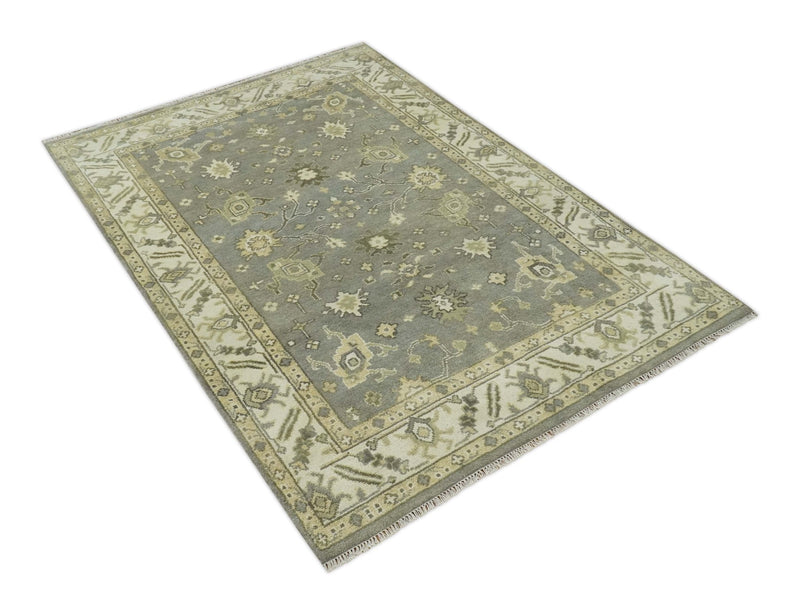 Gray, Ivory and Beige 6x8.8 Hand Knotted Traditional Oushak wool area rug - The Rug Decor