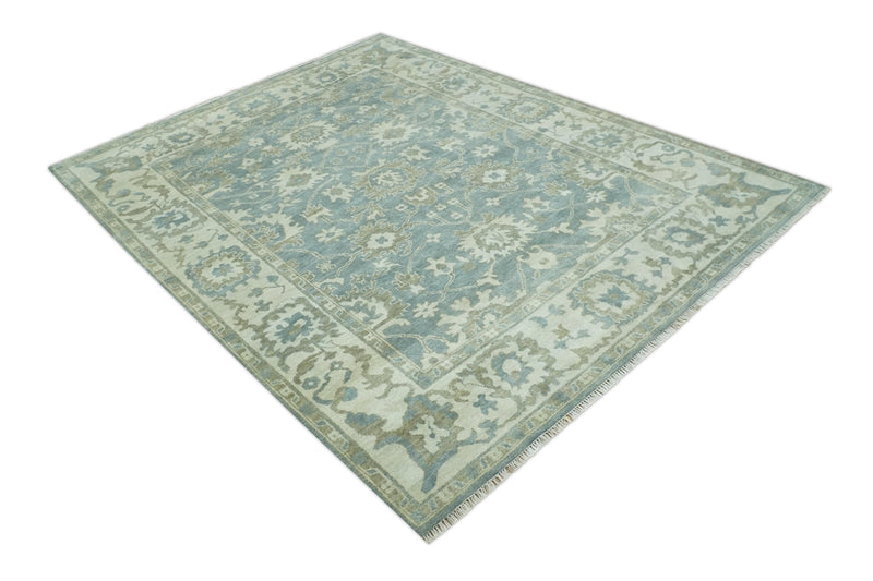 Gray, Ivory and Green Hand Knotted Traditional Oriental Oushak 9x12 wool Area Rug - The Rug Decor