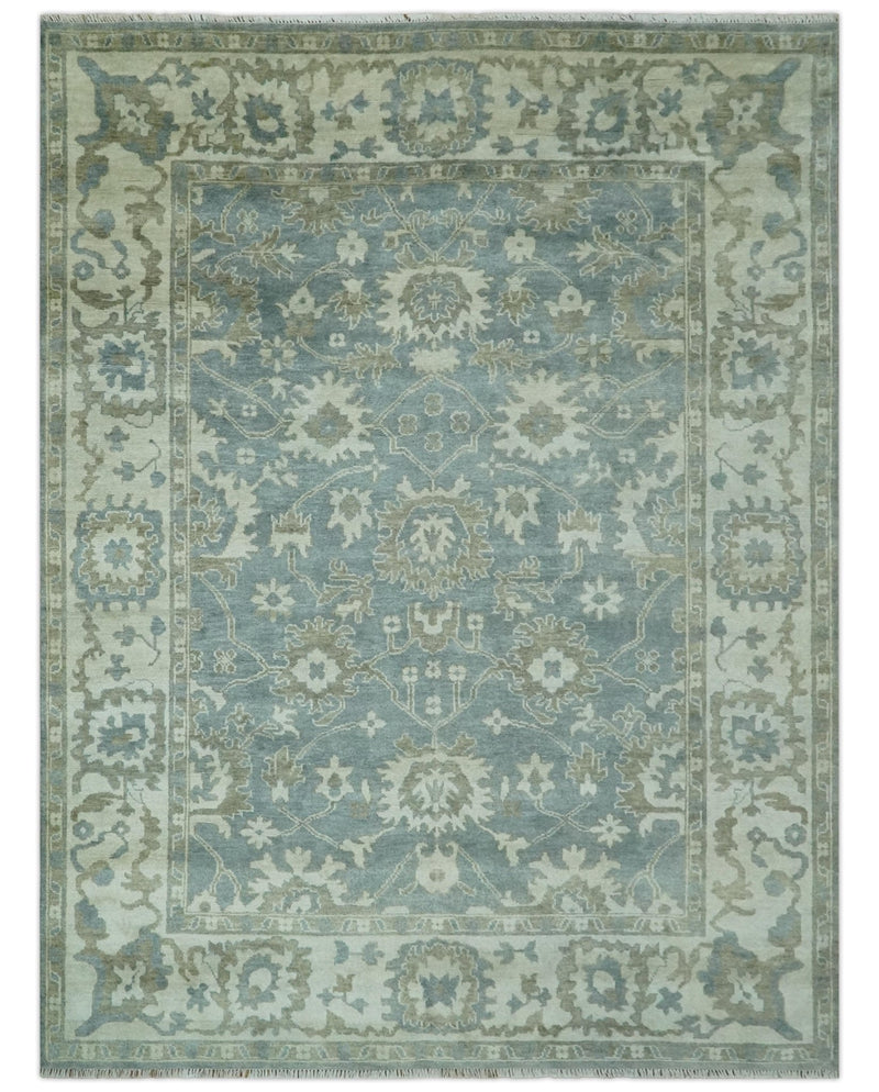 Gray, Ivory and Green Hand Knotted Traditional Oriental Oushak 9x12 wool Area Rug - The Rug Decor