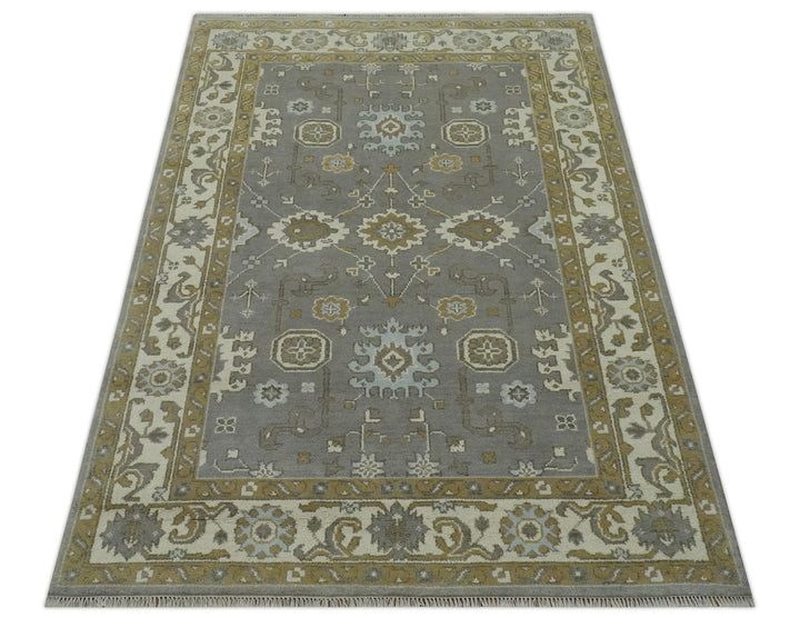 Gray, Ivory and Olive 6x9 Hand Knotted Traditional Oushak wool area rug - The Rug Decor