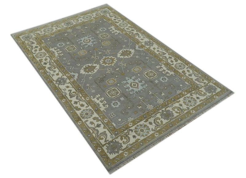 Gray, Ivory and Olive 6x9 Hand Knotted Traditional Oushak wool area rug - The Rug Decor