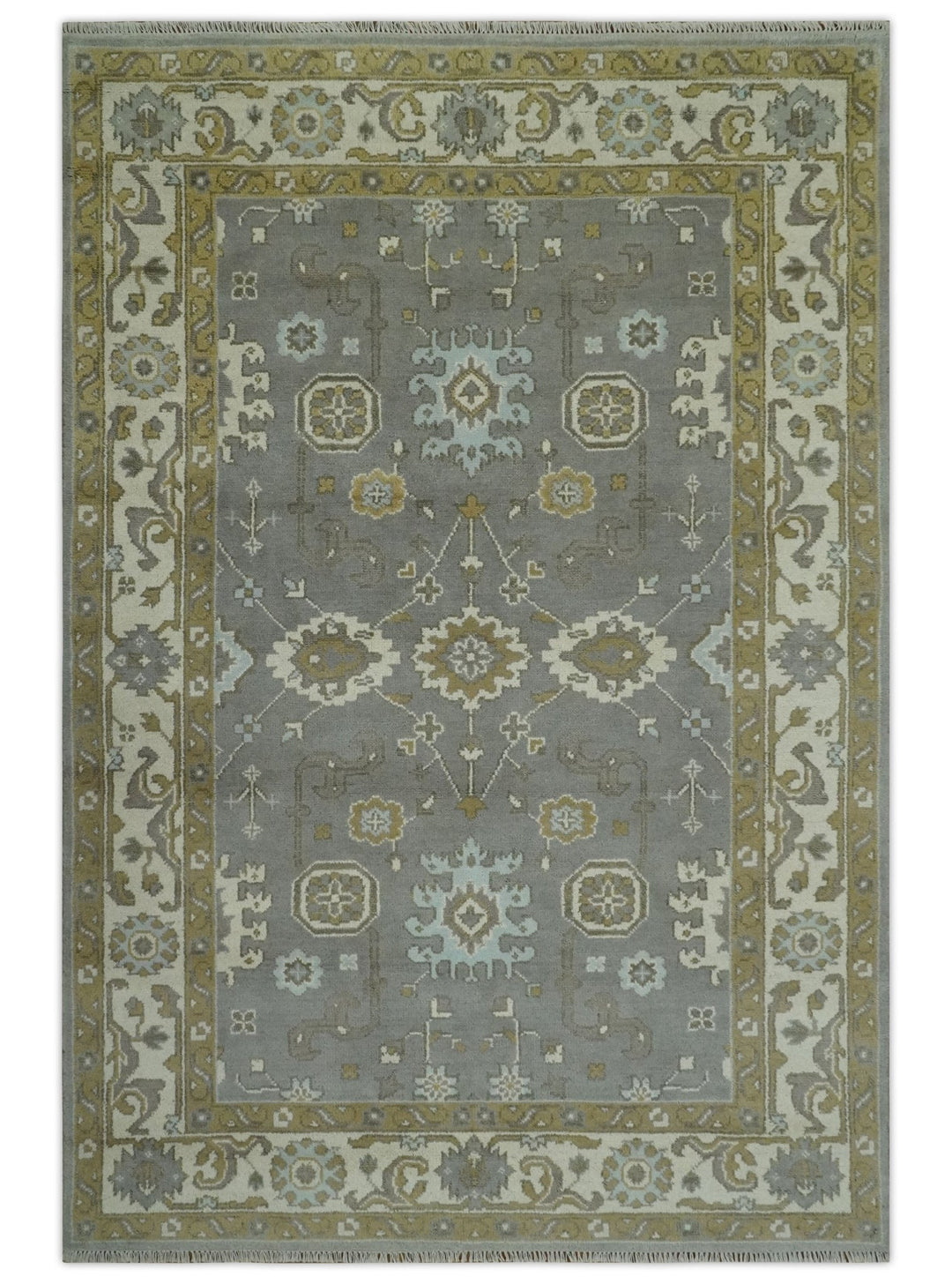 Gray, Ivory and Olive 6x9 Hand Knotted Traditional Oushak wool area rug - The Rug Decor