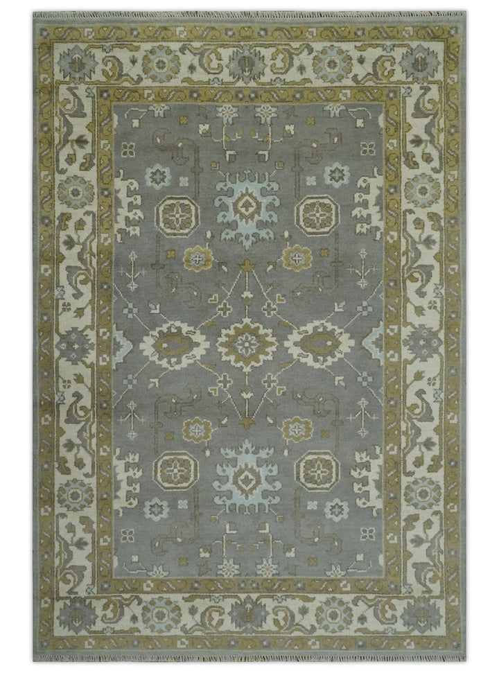 Gray, Ivory and Olive 6x9 Hand Knotted Traditional Oushak wool area rug - The Rug Decor